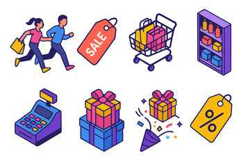 Deal Hunting Icons. Deal Hunters modern flat icon set: shoppers running, sale tag, full cart, product shelves, cash register, gift stack, confetti burst, price slash.