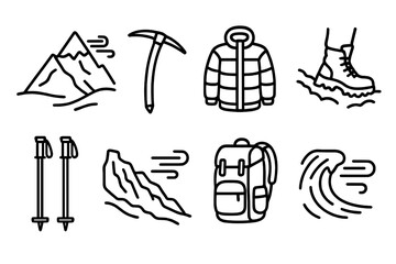 Winter Trek Icons. Winter Mountain Trek outline icon set: snow-covered peak, ice pick, layered jacket, boots in snow, trekking poles, frozen ridge, backpack, wind gust lines.