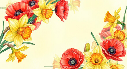 Watercolor illustration of vibrant red poppies and bright yellow daffodils forming a decorative floral border on a soft yellow background.