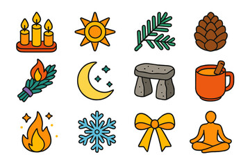 Winter Traditions Icons. Sacred Winter Traditions modern flat icon set: candle trio, sun symbol, evergreen branch, pinecone, burning herbs, moonlight, altar stone, cup of cider,