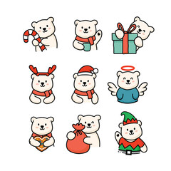 Cute polar bear Christmas icons with festive outfits and accessories like gifts, candy cane, Santa hat, angel wings, and elf costume.