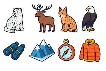 Winter Safari Icons. Winter Safari modern flat icon set: snow leopard, elk, lynx, eagle, binoculars, snowy mountains, compass, warm jacket.