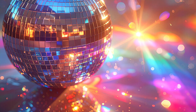 Disco Ball's Glittering Spectacle: A shimmering disco ball radiates a vibrant spectrum of colors as it reflects the dazzling lights.