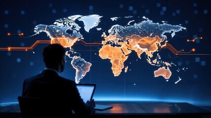 Global business strategies digital workspace infographic modern environment eye-level view