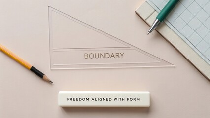 Transparent triangle ruler with the word "Boundary" on a minimalist workspace featuring stationery, pencil, and notebook