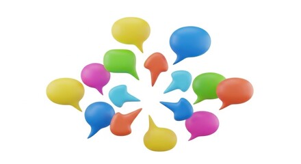Colorful 3d speech bubbles, communication and social media concept. Dialogue balloon shapes.