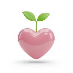 Pink heart with green leaves growing. Symbolizes love, growth, and new beginnings.