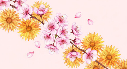 Watercolor illustration of pink cherry blossoms and yellow flowers on a light pink background with falling petals, creating a serene floral design.