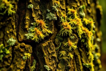 Nature close-up of colorful lichens on tree bark forest macro photography natural setting