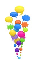 Colorful speech bubbles floating in a cluster, communication and social media concept.