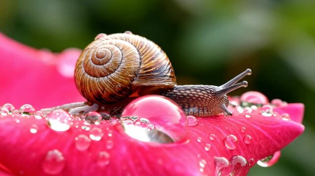 A small garden snail with a spiral shell slowly crawling on a vibrant pink rose petal covered in glistening water droplets.