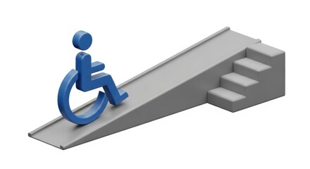 Accessibility ramp and stairs with wheelchair symbol. Inclusive access concept design.