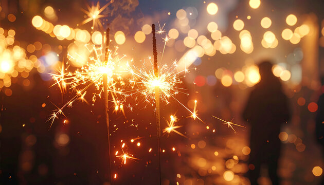 Sparkling Celebration: Radiant sparklers illuminate a joyous night scene, their glittering trails weaving through the darkness, adding magic to a festive gathering.