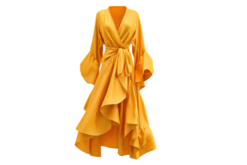 Yellow satin wrap dress with ruffled hem and bell sleeves fabric silk
