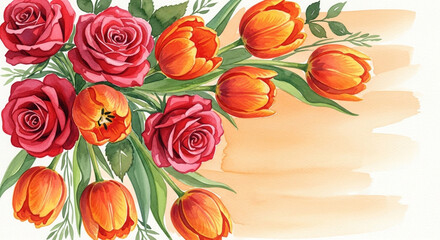A vibrant watercolor bouquet of red roses and orange tulips with green leaves on a light orange background.