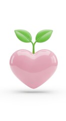 Pink heart with green leaves growing. Symbol of love, health, and growth concept.