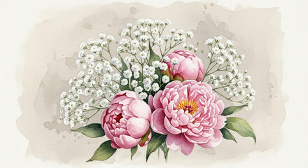 Watercolor illustration of a beautiful bouquet featuring pink peonies and delicate white baby's breath flowers on a soft background.