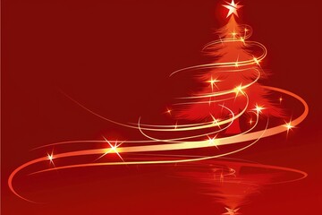 Elegant glowing line Christmas tree with stars on red background and water reflection for festive greeting cards, holiday packaging, and winter celebration designs