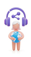 Woman with headphones holding globe. Concept for global podcasts and sharing ideas.