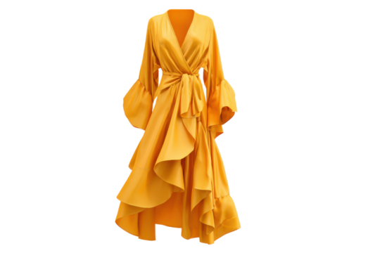 Yellow satin wrap dress with ruffled hem and bell sleeves fabric silk