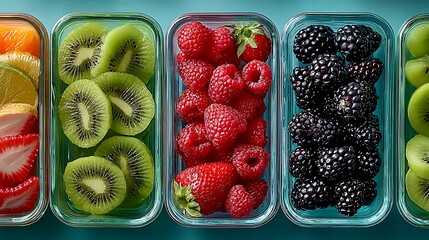 Overhead view of glass containers filled with fresh berries and kiwi slices food