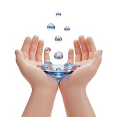 Hands holding water with floating spheres. Purity, health, and nature concepts.