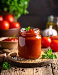 Rich Tomato Sauce in Jar with Fresh Ingredients