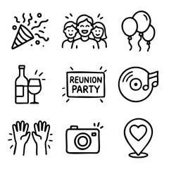 A set of doodle line icons representing party themes including balloons, drinks, music, camera, location, people, and celebration symbols