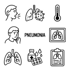 A set of doodle line icons illustrating pneumonia-related symptoms, lungs, fever, medication, X-rays, and respiratory infection diagnosis