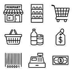 A set of doodle line icons illustrating convenience store elements like carts, shelves, baskets, products, pricing, barcodes, and cash registers