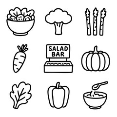A set of doodle line icons showing various vegetables and salad bar elements including bowls, leafy greens, dressing, and fresh produce