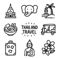 A set of doodle line icons representing Thailand travel including temples, elephants, tuk tuk, Thai food, Buddha statue, beaches, and flowers