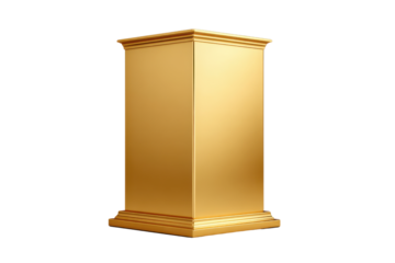 Golden rectangular pedestal with ornate top and base on black background podium display