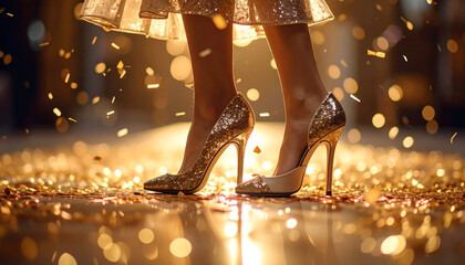 Glittering Elegance: Glimmering golden heels, paired with a stylish attire, taking graceful steps. The image captures the essence of a joyous celebration.