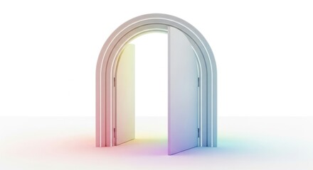 Open arched door on white background. Symbol of new opportunities and possibilities.