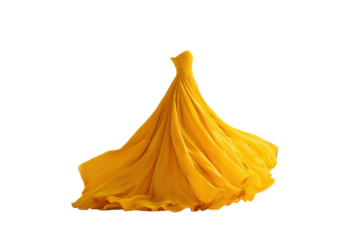 Flowing yellow strapless gown with voluminous skirt on black background dress fabric