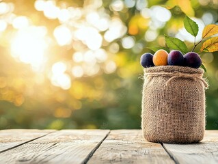 A burlap sack filled with ripe plums and a single apricot sits on a rustic wooden table, bathed in warm sunlight.