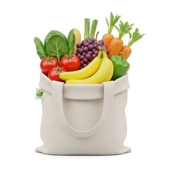 Reusable shopping bag filled with fresh vegetables and fruits on white background.