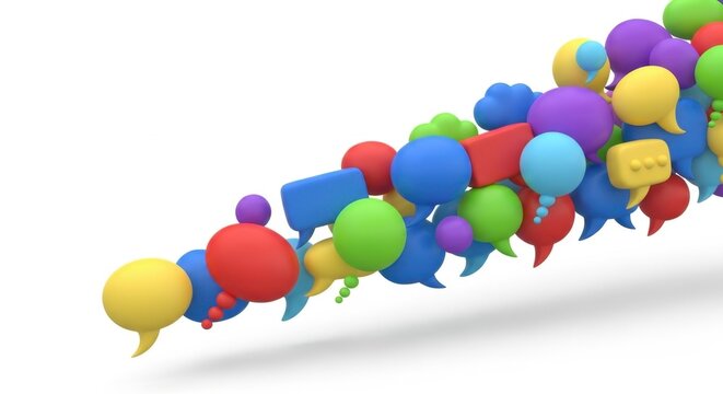 Colorful 3d speech bubbles in a group, representing social media communication.
