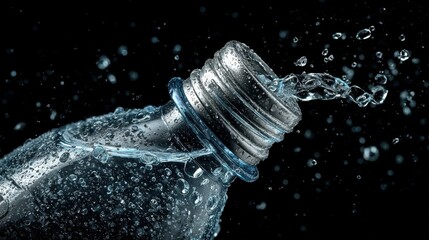 Dynamic water splash from open bottle close-up shot dramatic black background
