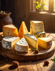 Artisanal Cheese Platter: Variety of Gourmet Cheeses on Rustic Board