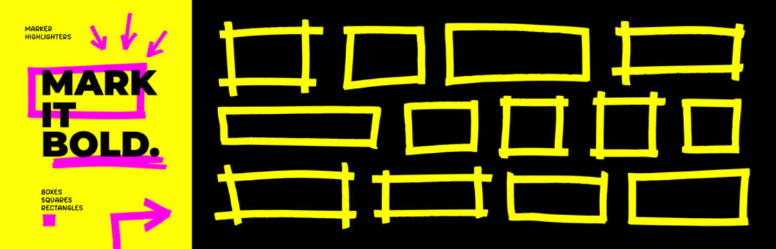 Marker highlight squares and rectangles to emphasize text design. Rectangle marker drawn frames and borders. Vector bright yellow bold geometric shapes. Whiteboard sketchy design.