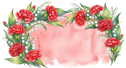 A beautiful watercolor illustration of red carnations and lily of the valley flowers arranged in a decorative border with a soft pink watercolor wash in the center.