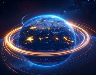 Digital artwork of Earth with light trails circling it, at night