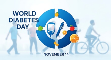 World Diabetes Day November 14th Banner with Glucometer, Insulin Pen, Healthy Diet, and Exercise