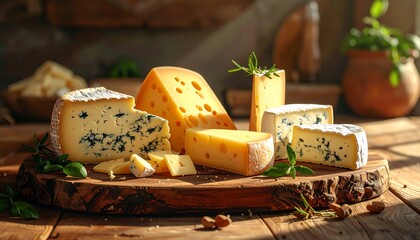 Artisanal Cheese Platter: Variety of Gourmet Cheeses on Rustic Board