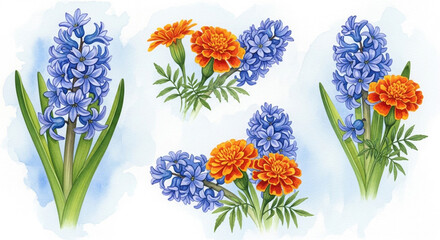Watercolor illustration of vibrant blue hyacinth flowers and bright orange marigolds, botanical art.