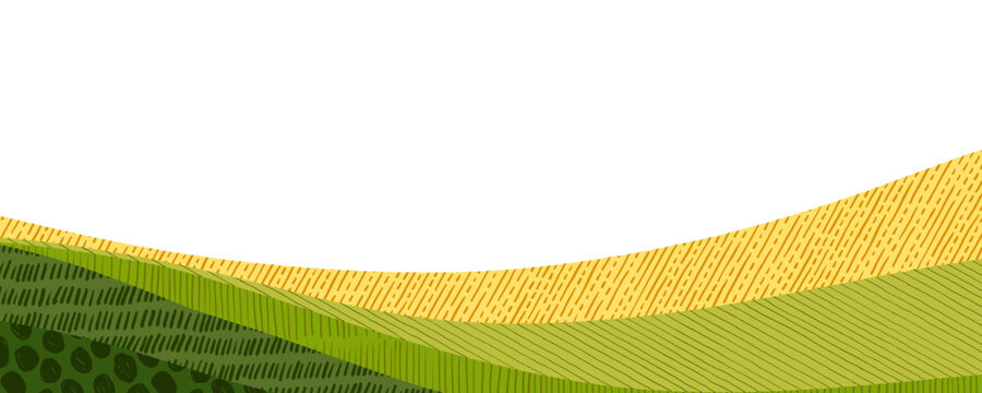 Wavy green yellow landscape texture background. Collage agriculture banner with abstract wheat, rice or vineyard. Corn field collage pattern. Abstract farm background with layout and pattern texture.