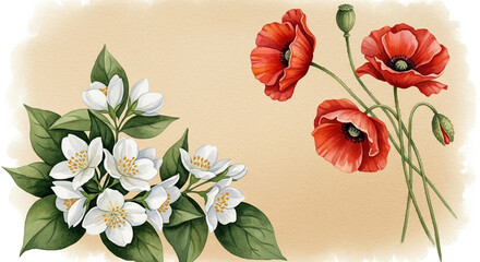 Watercolor painting of jasmine and poppy flowers on a beige background.