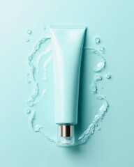 White cosmetic tube with water splashes on blue background, skincare product concep